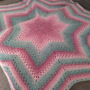 Crcohet Star Throw Blanket Handmade New Super Soft 75" Pink & Blue Cottage Core